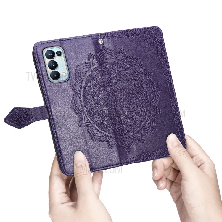 Imprinted Mandala Flower PU Leather Case with Wallet Stand Design for Oppo Reno5 Pro 5G - Purple-4