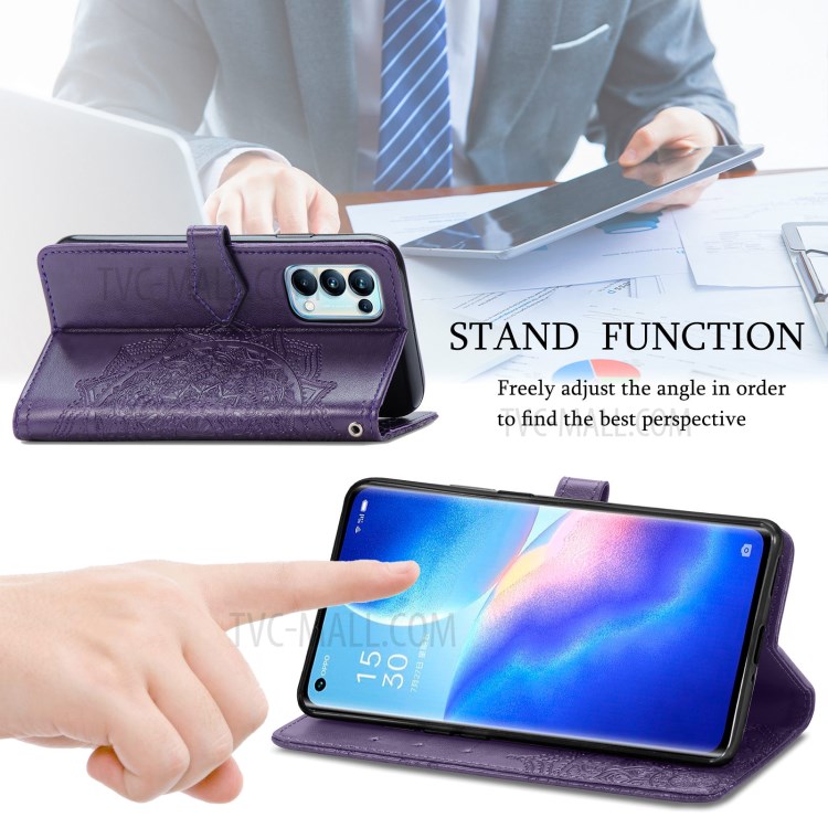 Imprinted Mandala Flower PU Leather Case with Wallet Stand Design for Oppo Reno5 Pro 5G - Purple-5