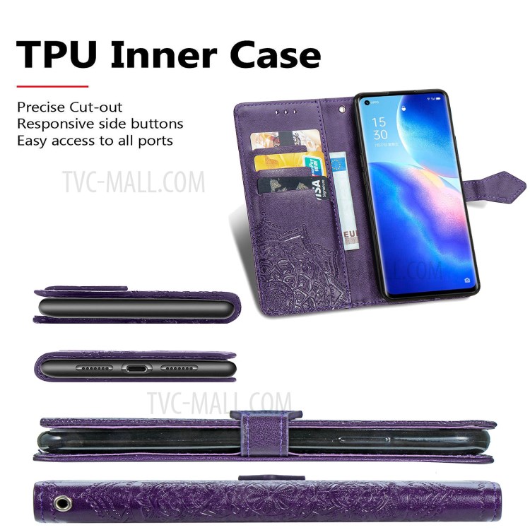 Imprinted Mandala Flower PU Leather Case with Wallet Stand Design for Oppo Reno5 Pro 5G - Purple-6
