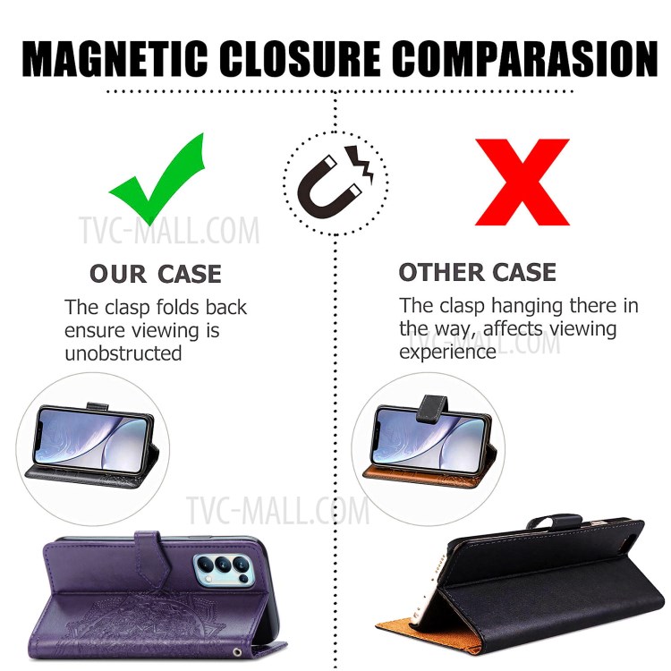 Imprinted Mandala Flower PU Leather Case with Wallet Stand Design for Oppo Reno5 Pro 5G - Purple-8