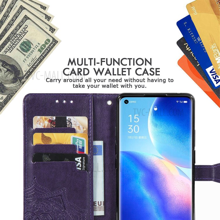 Imprinted Mandala Flower PU Leather Case with Wallet Stand Design for Oppo Reno5 Pro 5G - Purple-9