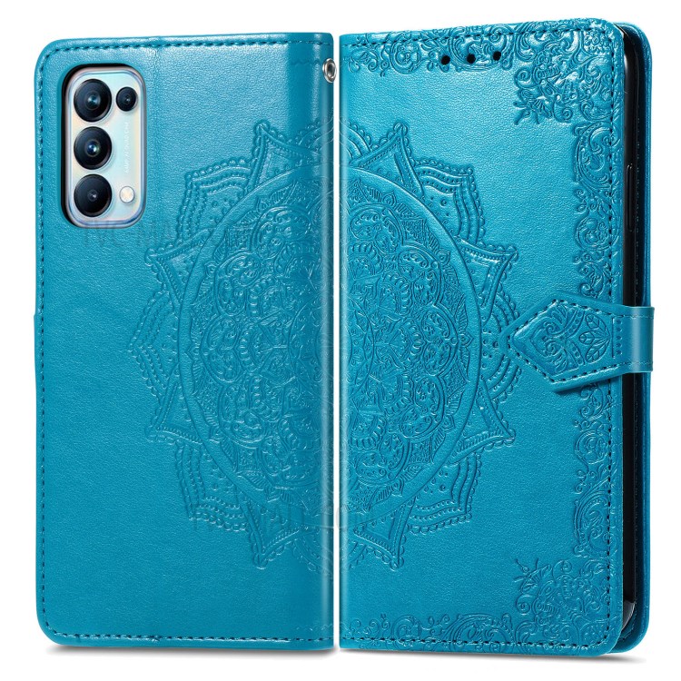 Imprinted Mandala Flower PU Leather Case with Wallet Stand Design for Oppo Reno5 Pro 5G - Blue-1