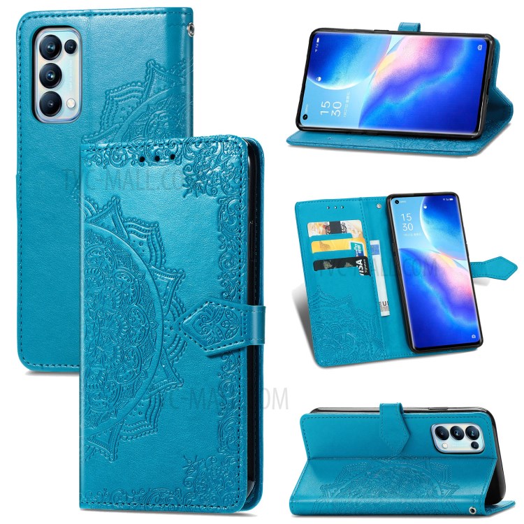 Imprinted Mandala Flower PU Leather Case with Wallet Stand Design for Oppo Reno5 Pro 5G - Blue-11