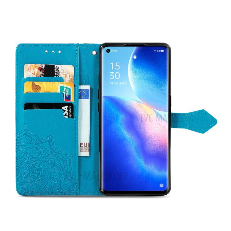 Imprinted Mandala Flower PU Leather Case with Wallet Stand Design for Oppo Reno5 Pro 5G - Blue-3