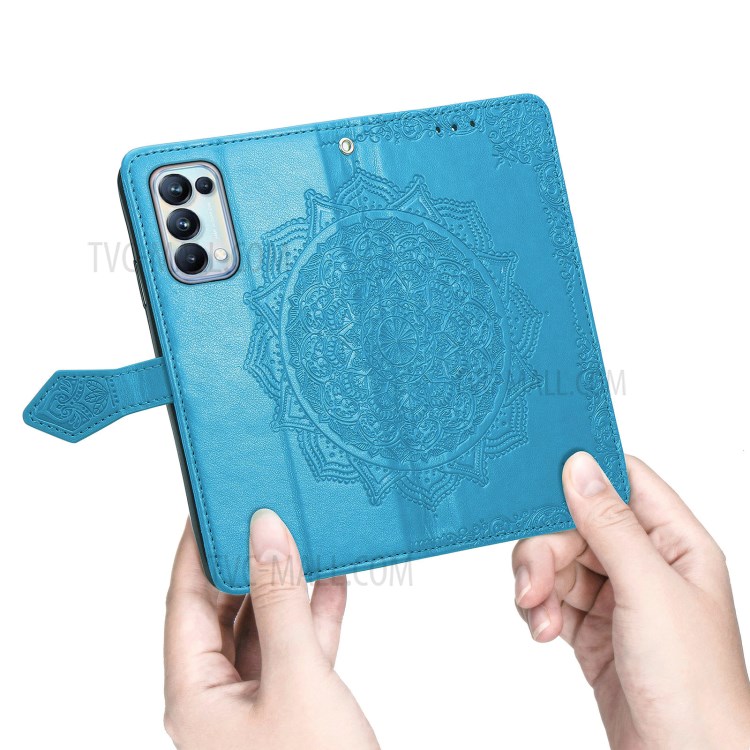 Imprinted Mandala Flower PU Leather Case with Wallet Stand Design for Oppo Reno5 Pro 5G - Blue-4