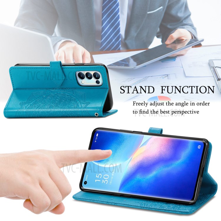 Imprinted Mandala Flower PU Leather Case with Wallet Stand Design for Oppo Reno5 Pro 5G - Blue-5