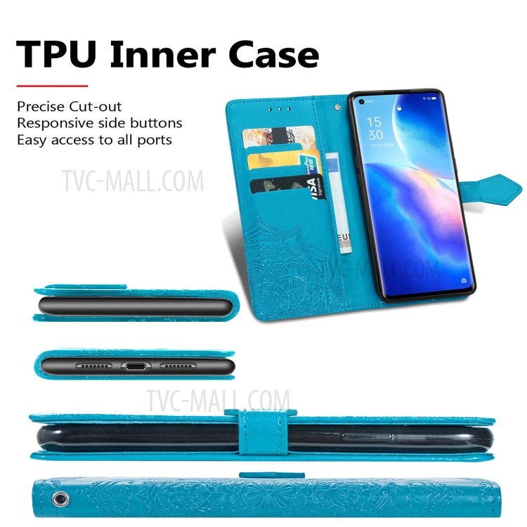 Imprinted Mandala Flower PU Leather Case with Wallet Stand Design for Oppo Reno5 Pro 5G - Blue-6