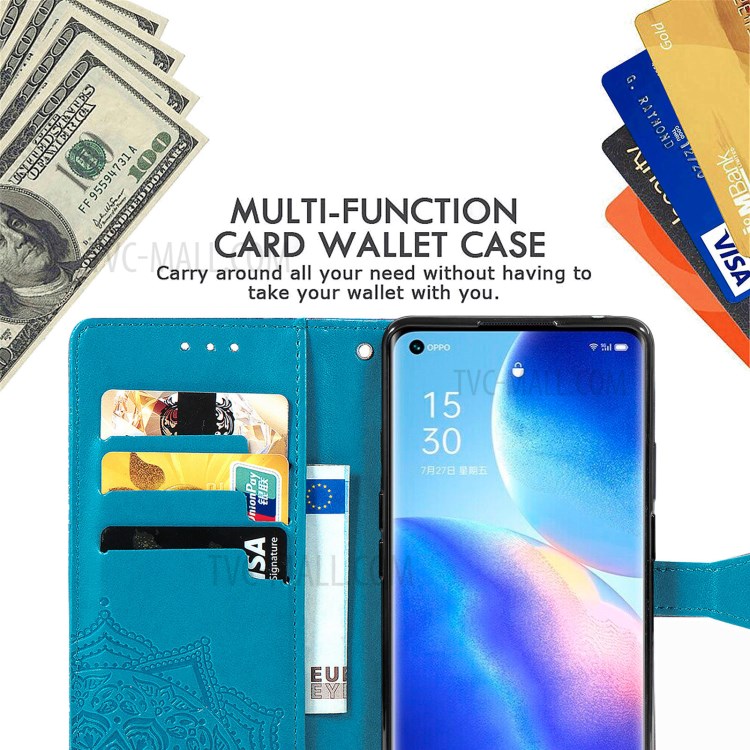 Imprinted Mandala Flower PU Leather Case with Wallet Stand Design for Oppo Reno5 Pro 5G - Blue-9