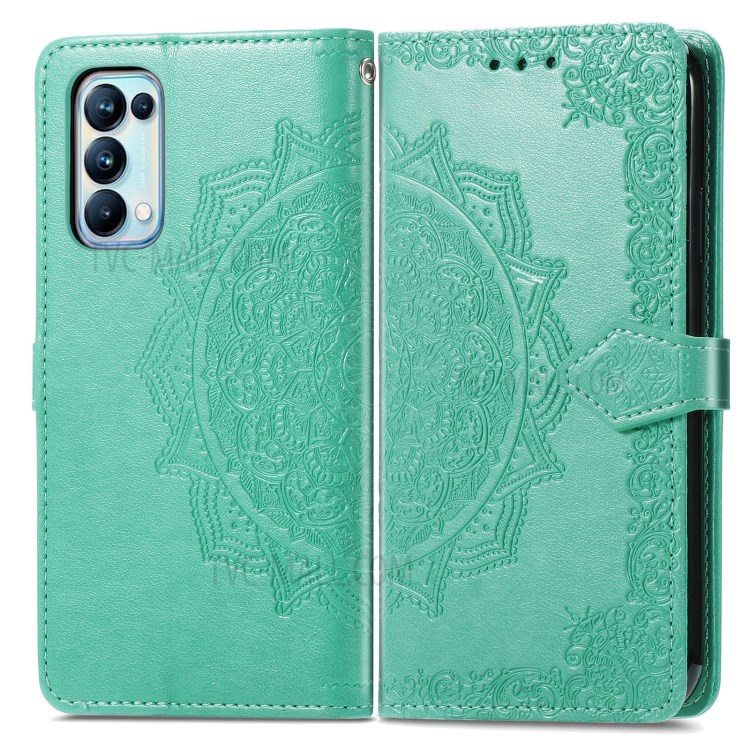Imprinted Mandala Flower PU Leather Case with Wallet Stand Design for Oppo Reno5 Pro 5G - Green-1