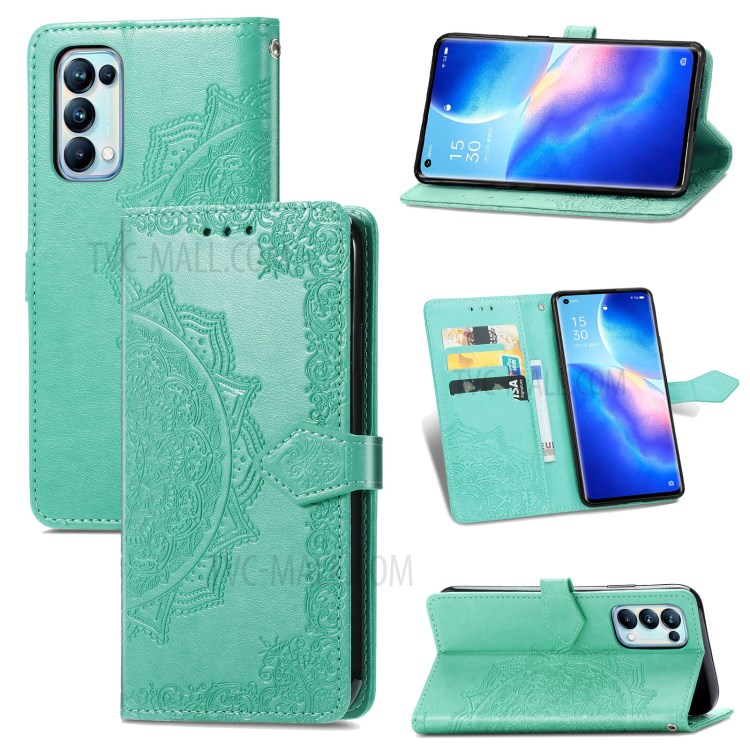 Imprinted Mandala Flower PU Leather Case with Wallet Stand Design for Oppo Reno5 Pro 5G - Green-11