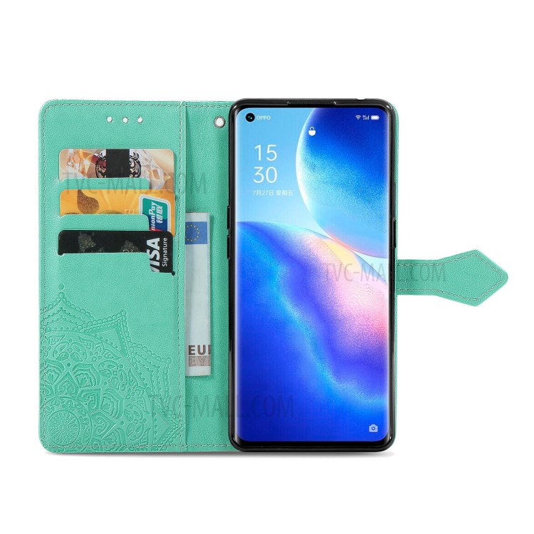 Imprinted Mandala Flower PU Leather Case with Wallet Stand Design for Oppo Reno5 Pro 5G - Green-3