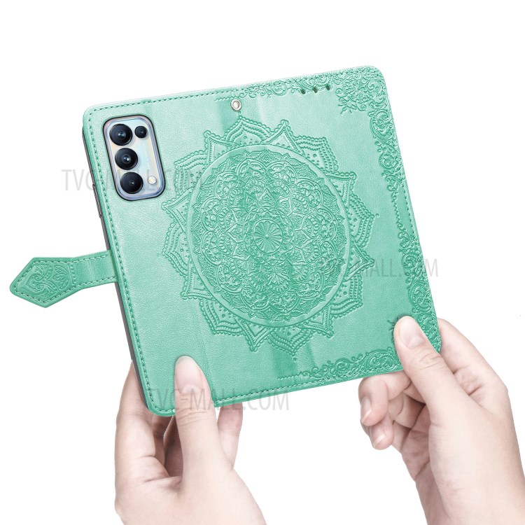 Imprinted Mandala Flower PU Leather Case with Wallet Stand Design for Oppo Reno5 Pro 5G - Green-4