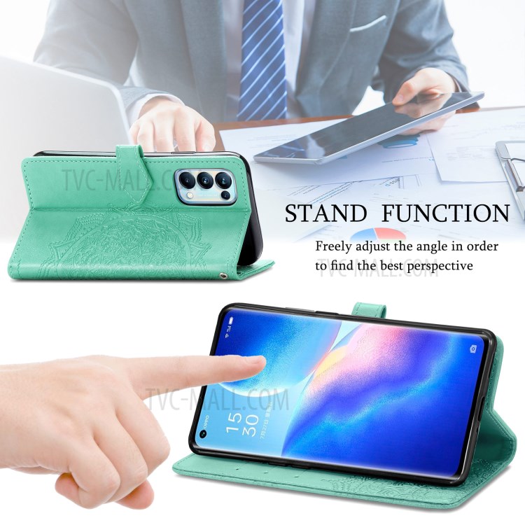 Imprinted Mandala Flower PU Leather Case with Wallet Stand Design for Oppo Reno5 Pro 5G - Green-5