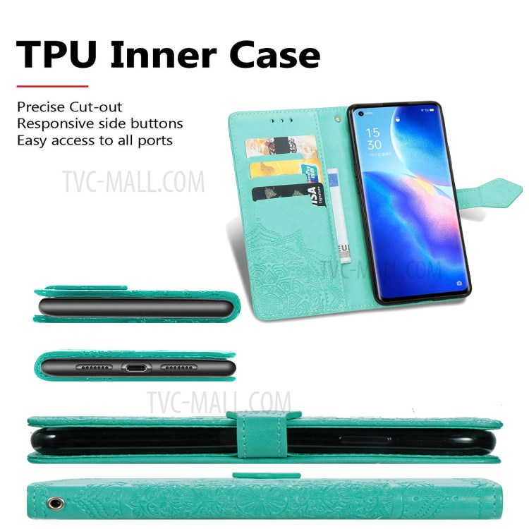 Imprinted Mandala Flower PU Leather Case with Wallet Stand Design for Oppo Reno5 Pro 5G - Green-6