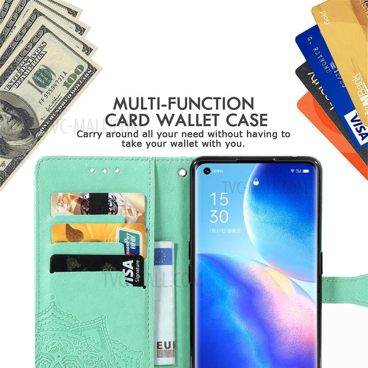 Imprinted Mandala Flower PU Leather Case with Wallet Stand Design for Oppo Reno5 Pro 5G - Green-9