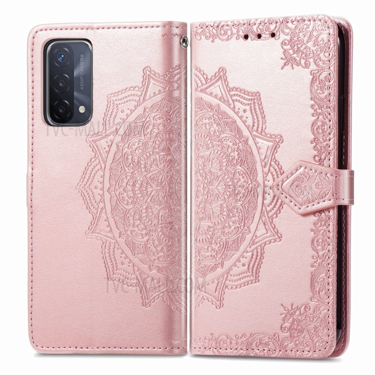 Full Protection Mandala Flower Embossment PU Leather Case with Wallet Stand Design for Oppo A93 5G - Rose Gold-1