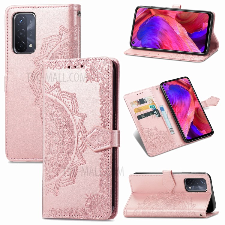 Full Protection Mandala Flower Embossment PU Leather Case with Wallet Stand Design for Oppo A93 5G - Rose Gold-11