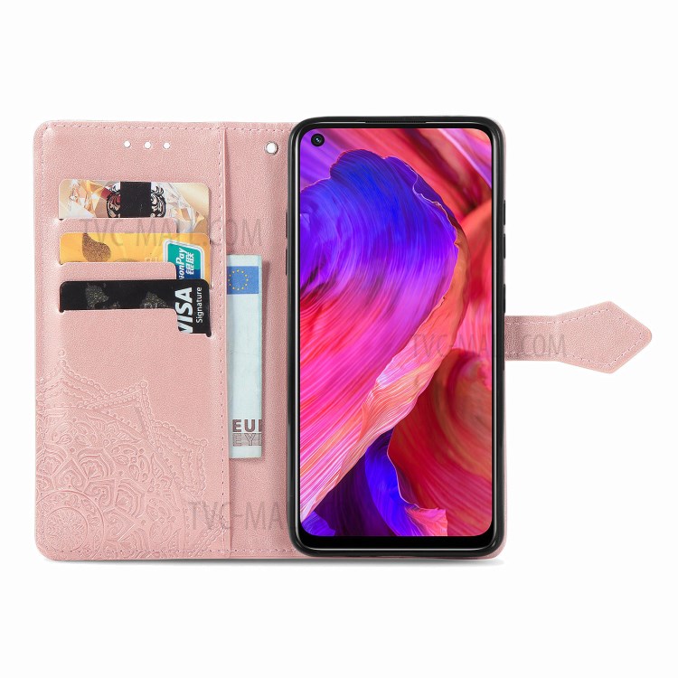 Full Protection Mandala Flower Embossment PU Leather Case with Wallet Stand Design for Oppo A93 5G - Rose Gold-3