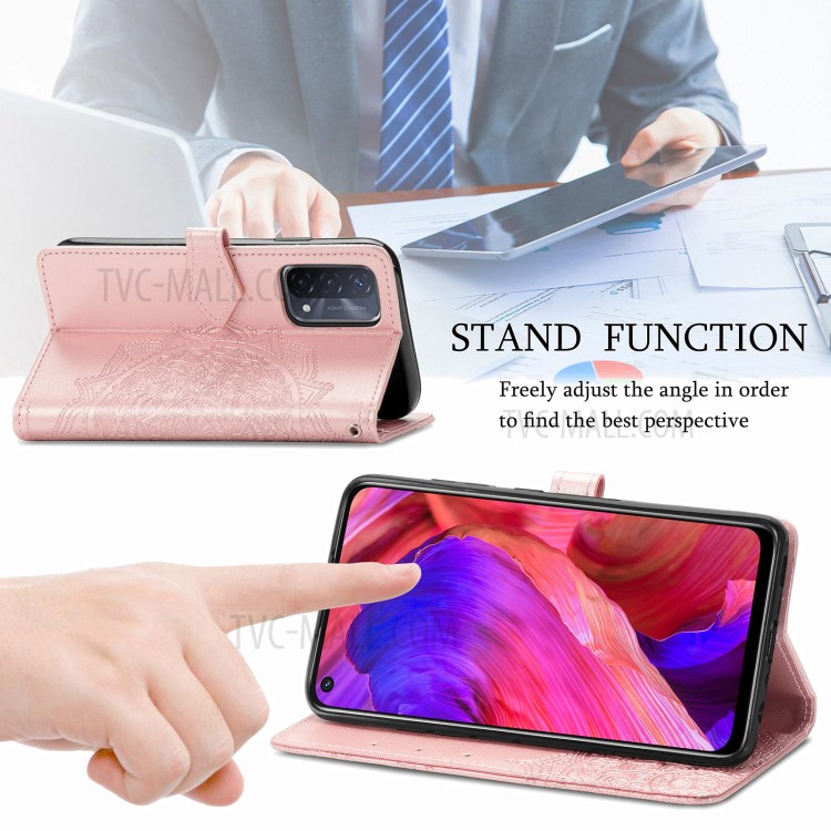Full Protection Mandala Flower Embossment PU Leather Case with Wallet Stand Design for Oppo A93 5G - Rose Gold-5