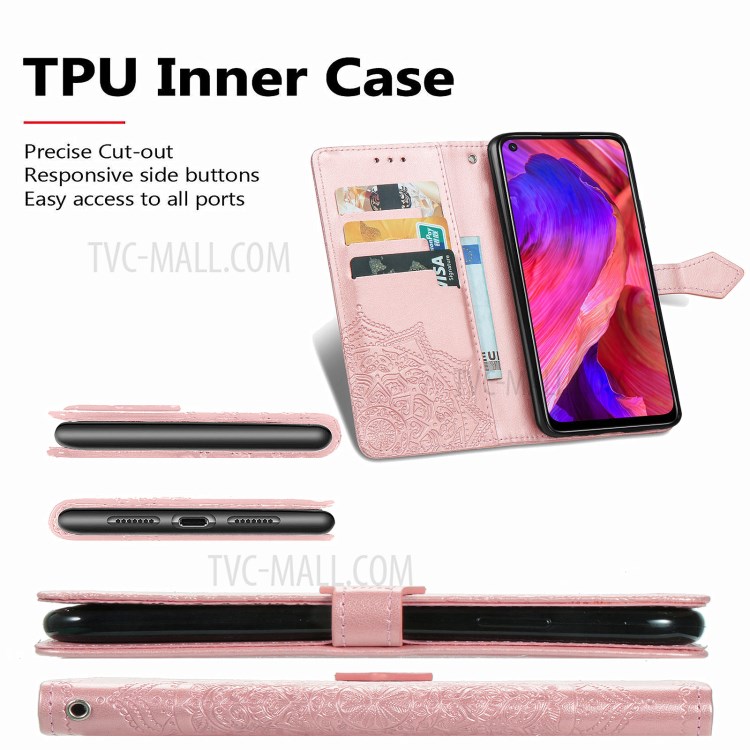 Full Protection Mandala Flower Embossment PU Leather Case with Wallet Stand Design for Oppo A93 5G - Rose Gold-6