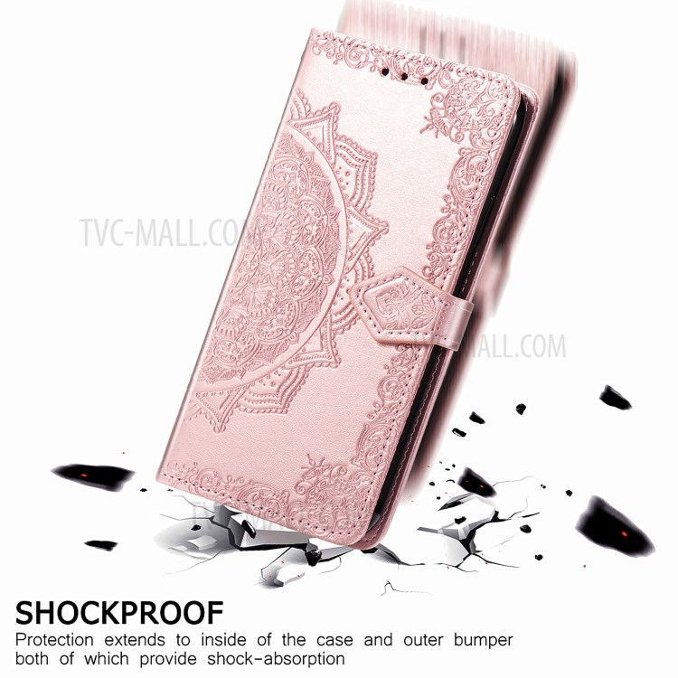 Full Protection Mandala Flower Embossment PU Leather Case with Wallet Stand Design for Oppo A93 5G - Rose Gold-7