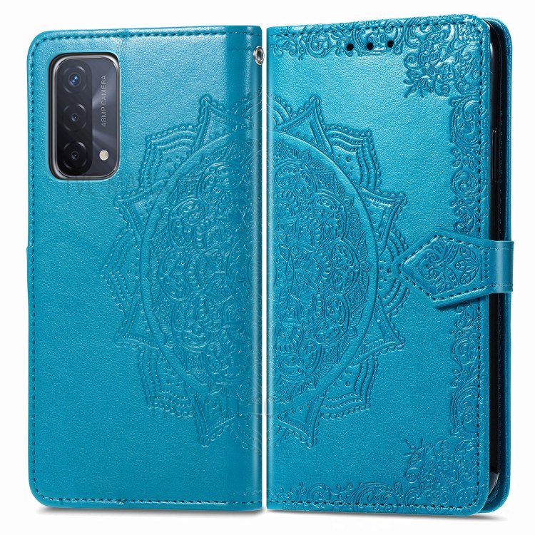 Full Protection Mandala Flower Embossment PU Leather Case with Wallet Stand Design for Oppo A93 5G - Blue-1