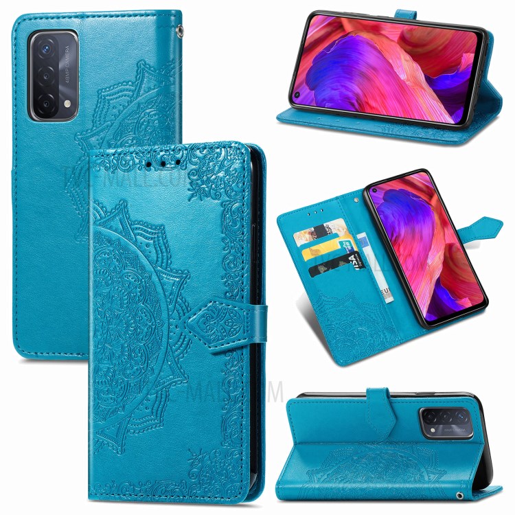 Full Protection Mandala Flower Embossment PU Leather Case with Wallet Stand Design for Oppo A93 5G - Blue-11
