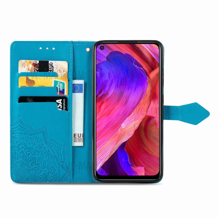 Full Protection Mandala Flower Embossment PU Leather Case with Wallet Stand Design for Oppo A93 5G - Blue-3