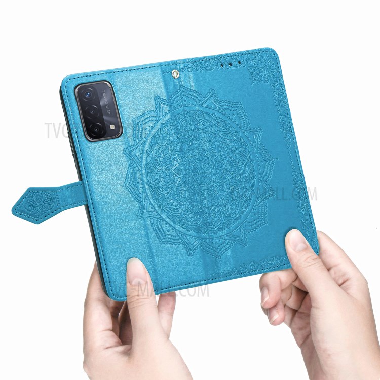 Full Protection Mandala Flower Embossment PU Leather Case with Wallet Stand Design for Oppo A93 5G - Blue-4