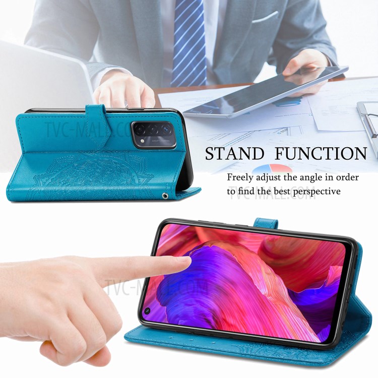 Full Protection Mandala Flower Embossment PU Leather Case with Wallet Stand Design for Oppo A93 5G - Blue-5
