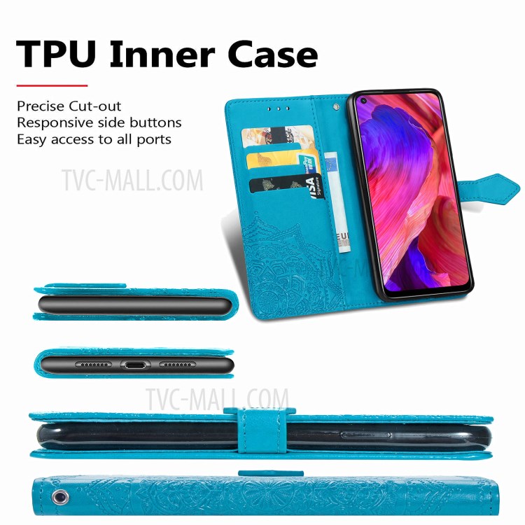 Full Protection Mandala Flower Embossment PU Leather Case with Wallet Stand Design for Oppo A93 5G - Blue-6