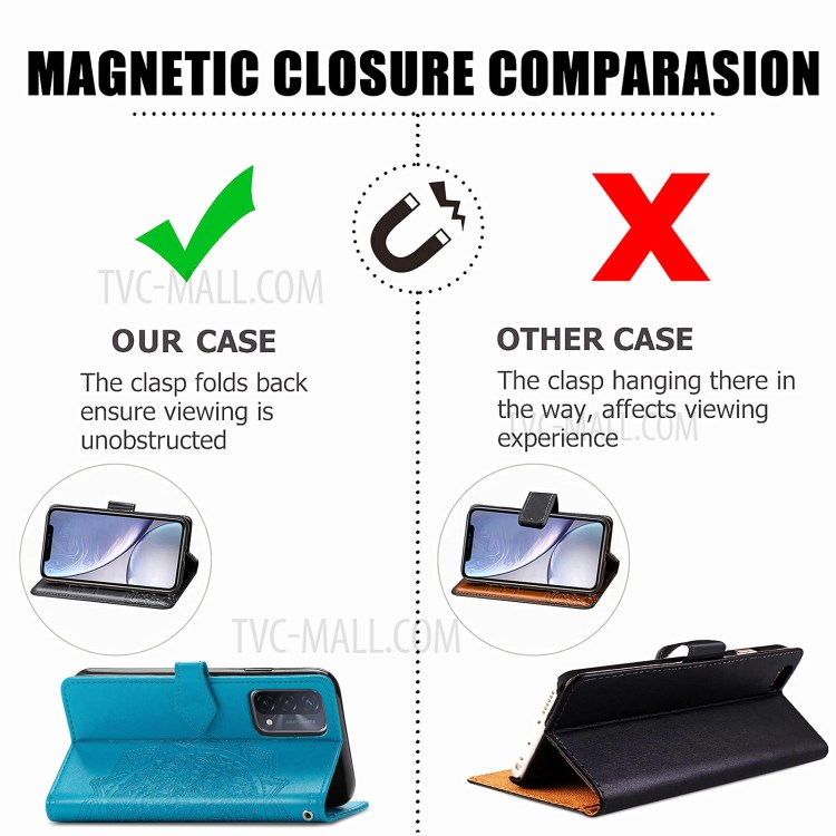 Full Protection Mandala Flower Embossment PU Leather Case with Wallet Stand Design for Oppo A93 5G - Blue-8