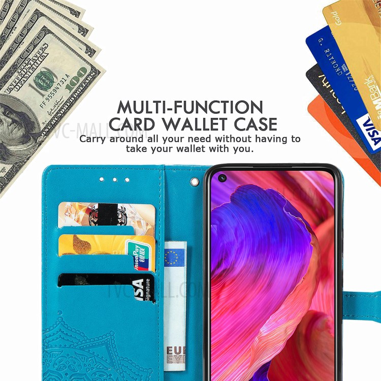 Full Protection Mandala Flower Embossment PU Leather Case with Wallet Stand Design for Oppo A93 5G - Blue-9