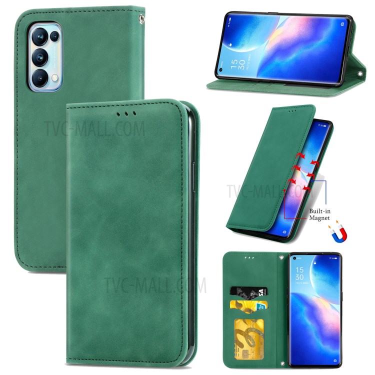Auto-absorbed Vintage PU Leather Phone Casing for Oppo Reno5 Pro 5G - Green-11