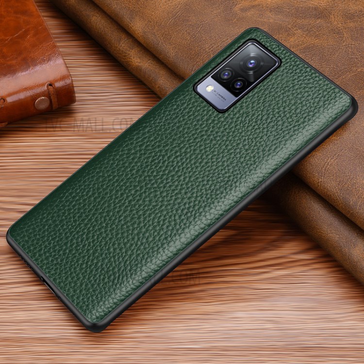 Genuine Leather Anti-dropping Litchi Texture Coated TPU Phone Case for vivo S9 - Green-2