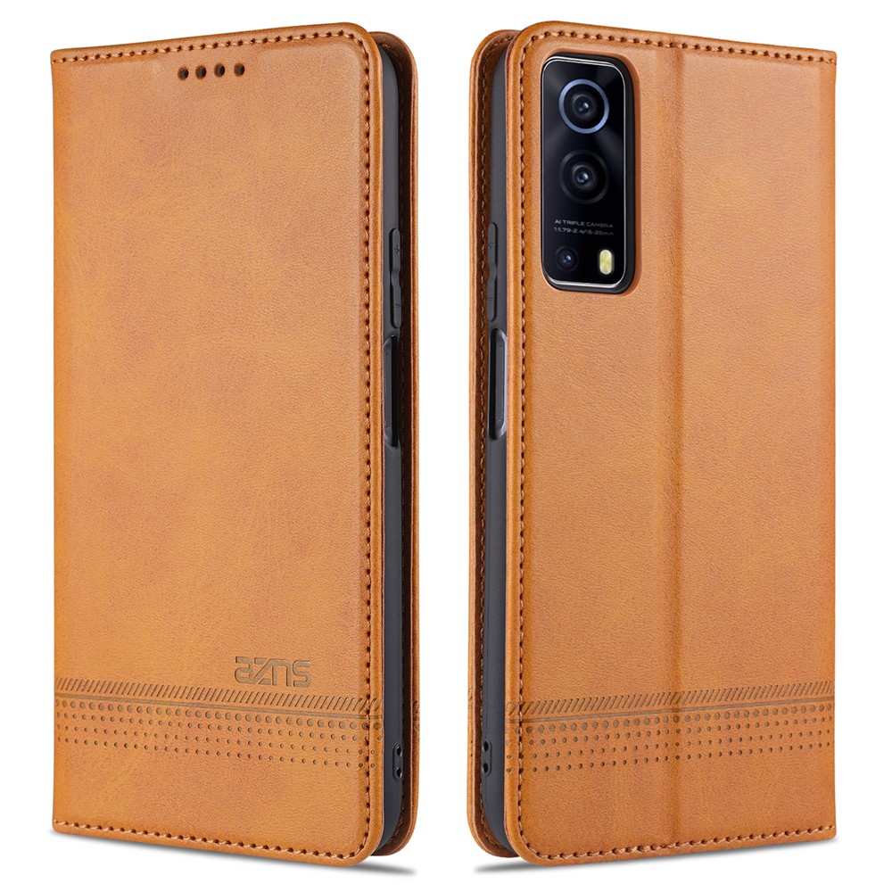 AZNS Stand Wallet Auto-absorbed Magnetic Leather Case for vivo Y72 5G / iQOO Z3 - Brown-1