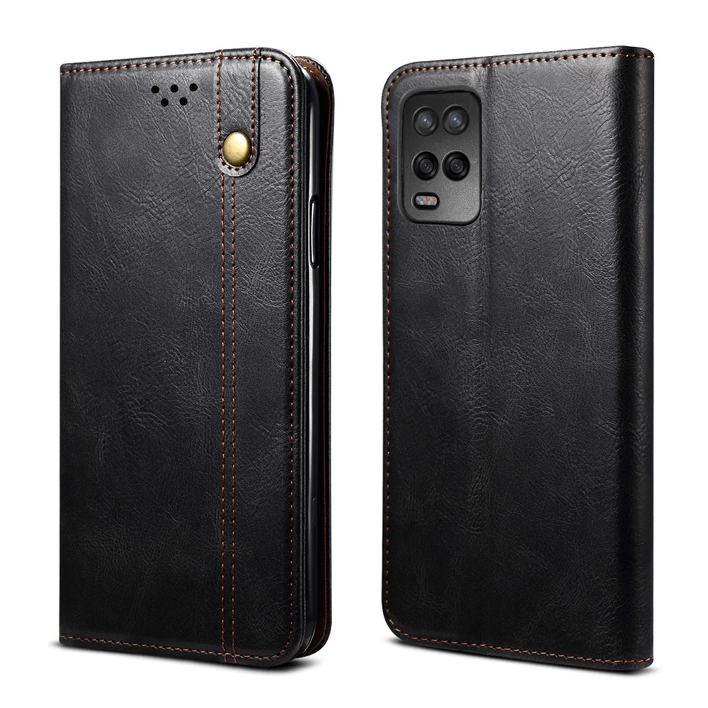 Oil Wax Surface PU Leather+TPU Wallet Stand Phone Cover for Oppo A54 5G - Black-1