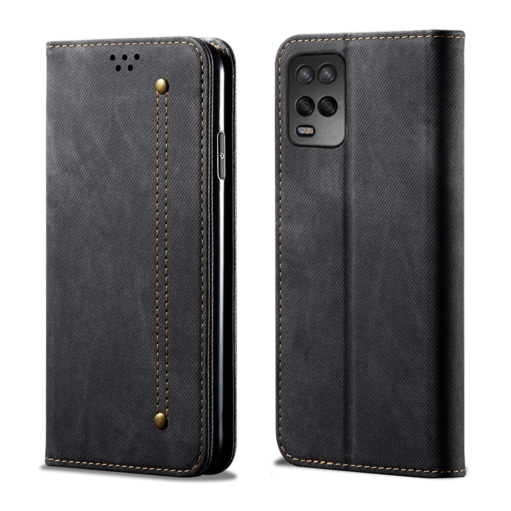 Vintage Style Wallet Stand Jeans Cloth Texture Leather Phone Cover for Oppo A54 5G - Black-1
