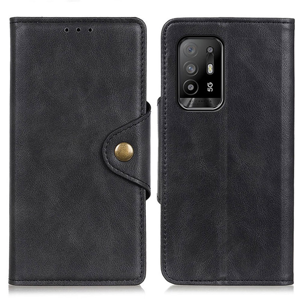 Magnetic Brass Buckle Design PU Leather Case for Oppo F19 Pro+ 5G/Reno5 Z Wallet Stand Cellphone Cover - Black-1