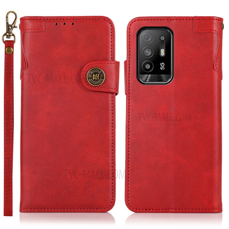 KHAZNEH Shockproof PU Leather Stand Wallet Mobile Phone Cover Case with Hand Strap for Oppo F19 Pro+ 5G/Reno5 Z/A94 5G - Red-1
