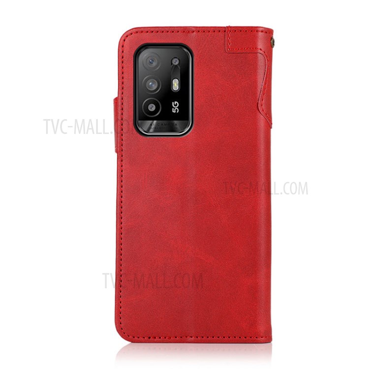 KHAZNEH Shockproof PU Leather Stand Wallet Mobile Phone Cover Case with Hand Strap for Oppo F19 Pro+ 5G/Reno5 Z/A94 5G - Red-7
