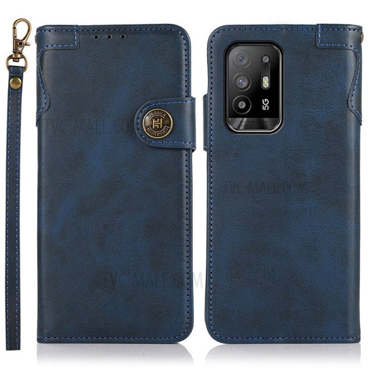 KHAZNEH Shockproof PU Leather Stand Wallet Mobile Phone Cover Case with Hand Strap for Oppo F19 Pro+ 5G/Reno5 Z/A94 5G - Blue-1