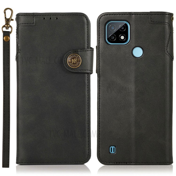 KHAZNEH Shockproof Wallet Stand Leather Phone Case with Handy Strap for Realme C21 - Black-1