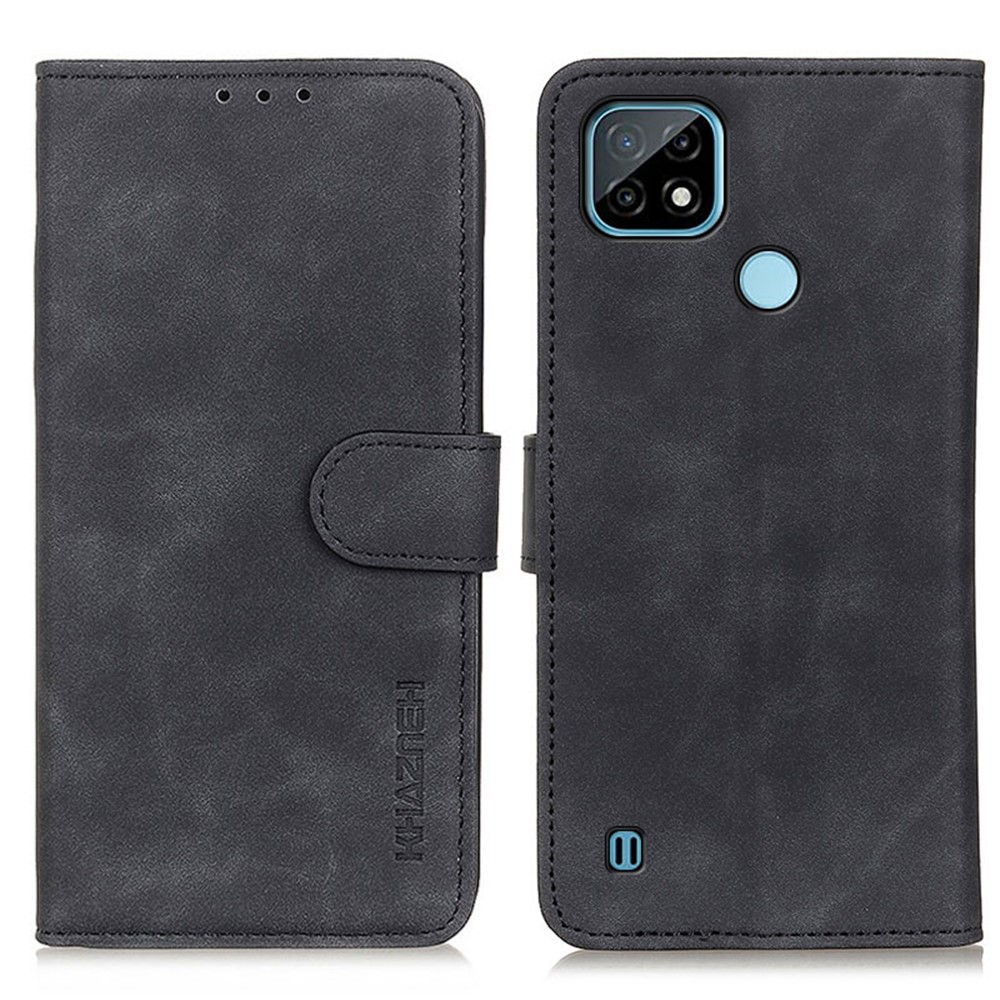KHAZNEH Retro Style Wallet PU Leather Case for Realme C21 Mobile Phone Stand Cover - Black-1