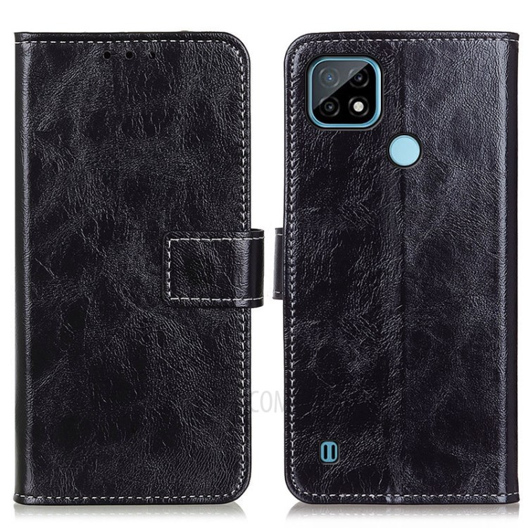 Vintage Style Crazy Horse Wallet Stand Leather Phone Casing for Realme C21 - Black-1