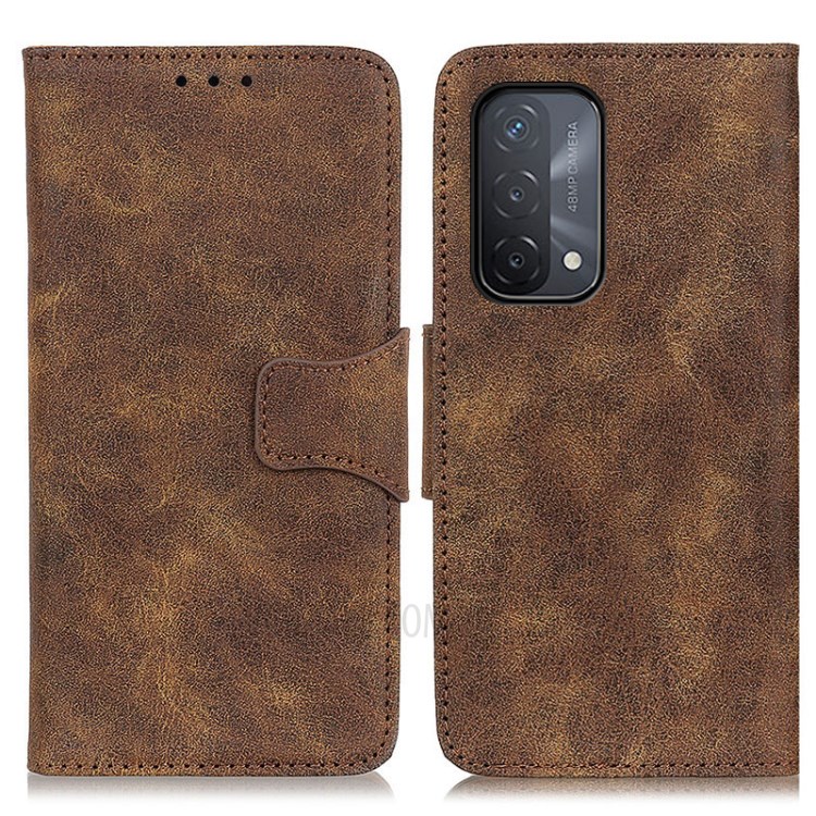 Split Leather Vintage Style Wallet Stand Mobile Phone Case Shell for Oppo A54 5G / A74 5G / A93 5G - Brown-1