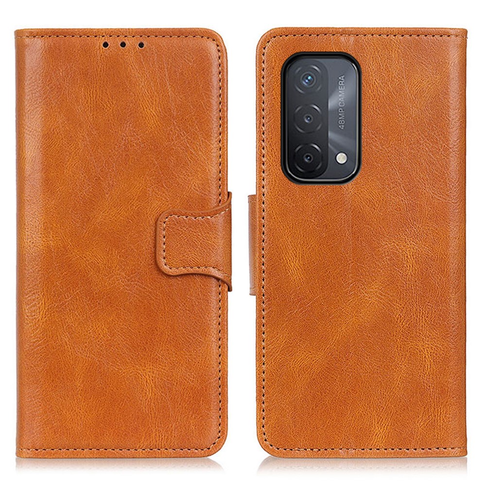 Crazy Horse PU Leather Wallet Stand Protector Cover for Oppo A54 5G/A93 5G/A74 5G - Brown-1