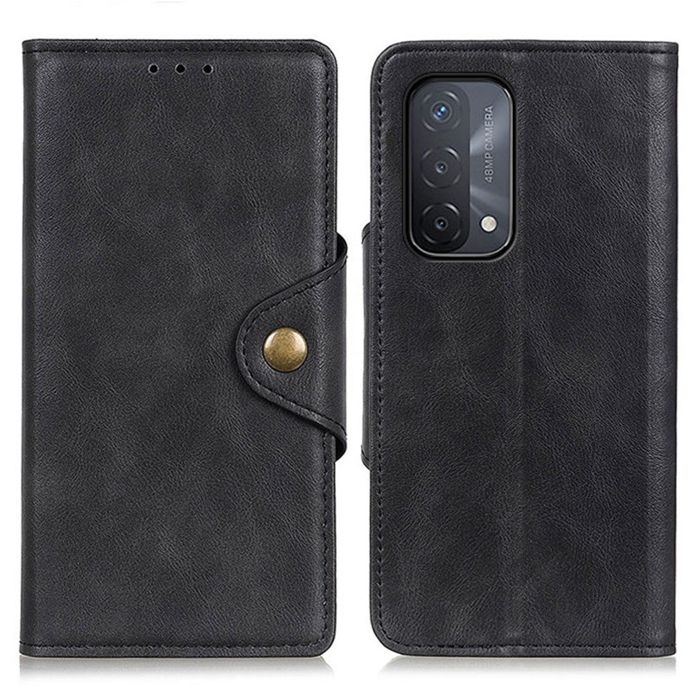 Magnetic Brass Buckle PU Leather Wallet Stand Phone Shell Case for Oppo A54 5G / A74 5G / A93 5G - Black-1