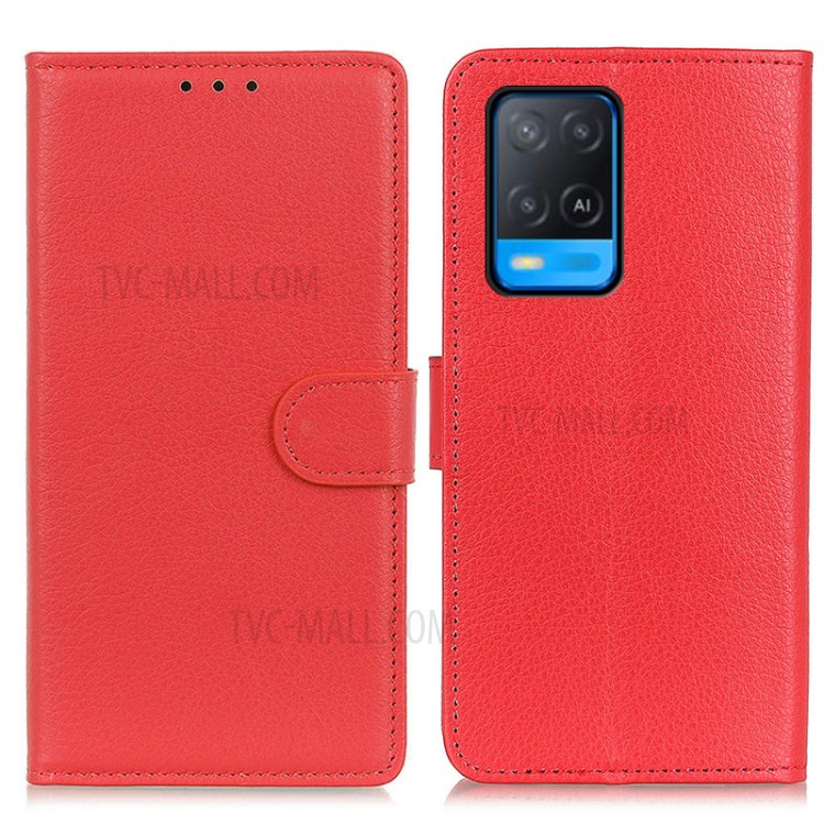 Folio Flip Litchi Skin Leather Case Stand Wallet Protective Shell for Oppo A54 4G - Red-1