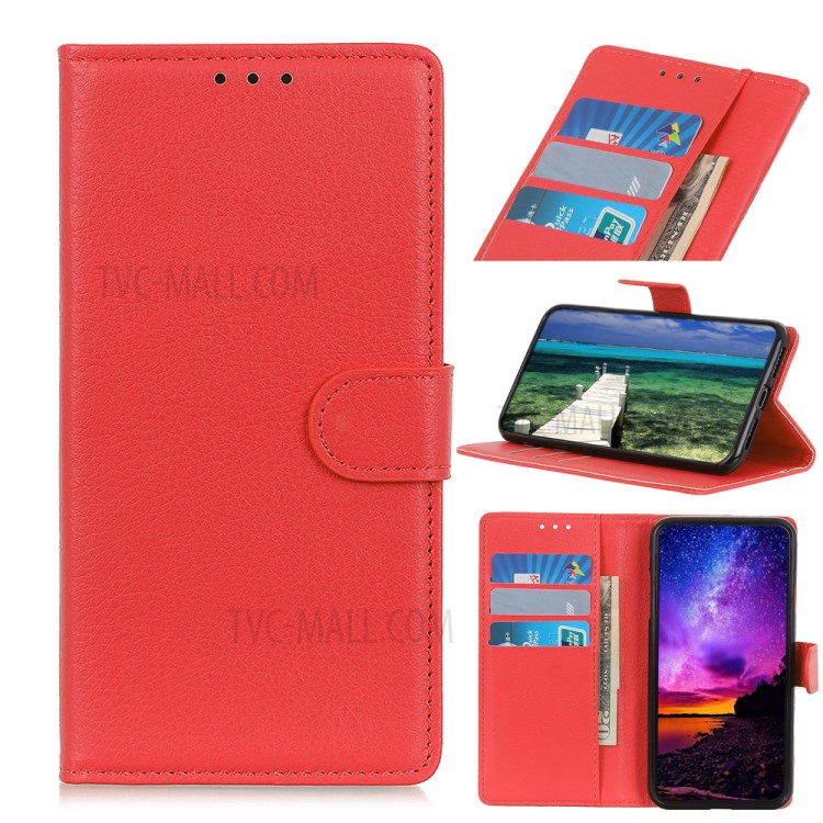 Folio Flip Litchi Skin Leather Case Stand Wallet Protective Shell for Oppo A54 4G - Red-11
